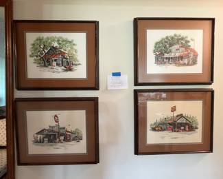Set of 5 framed Al Richardson hand watercolored and personally signed and numbered prints (5th print not shown in this photo). Al Richardson is a Texas artist.