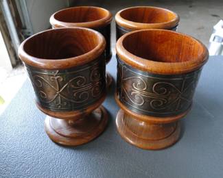 Hand carved wood cups, with hand hammered metal rounds