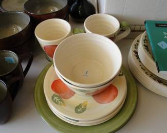 Peaches and Apples bowls, and cups, and plates
