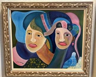 Signed Cubism Oil Painting in Frame
