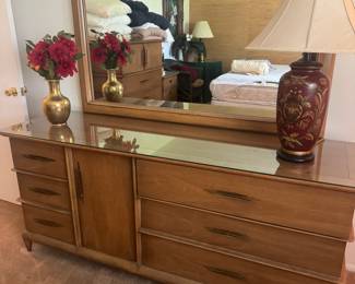 Mid Modern Kent Coffey "The Appointment" walnut dresser with mirror and brass pulls.  