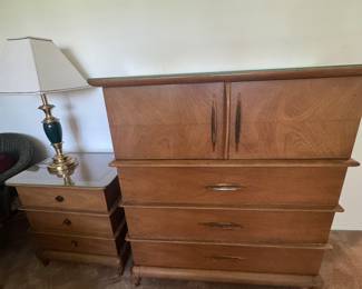Mid Century Modern "The Appointment" high boy chest and matching night stand