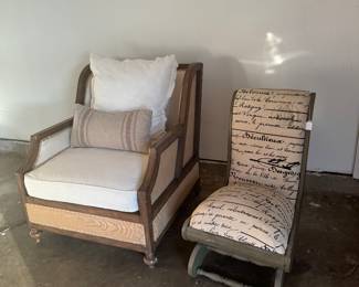 Magnolia deconstructed arm chair. Antique tuffet spring loaded rocker.