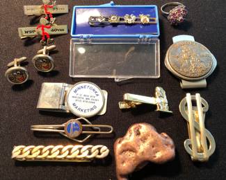 Teddy Kilowatt Tie Tac and Cuff Links, Chunk of Copper, 1939 World’s Fair Tie Clasp, Shriners Tie Clasp, Hush Puppies Tie Clasp, Sterling Ring