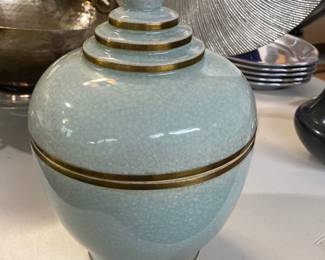 Maitland Smith Thailand Celadon Crackle Glazed Porcelain Lidded Urn Ginger Jar