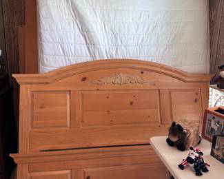 Queen size Oak bed. Headboard, footboard with rails and mattress.