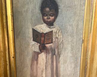 19th century oil in canvas of child reading a book