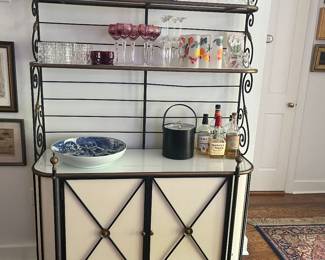 Vintage French Bakers Rack Bar with milk glass shelving and lined drawers