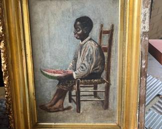19th century oil on canvas of child with watermelon