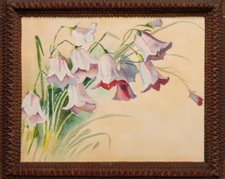 Folk art watercolor in an early tramp art frame.