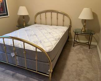Vintage Brass Bed, Vintage Brass Tables w Glass Top, Brass Table Lamps pair, Queen Mattress/BS