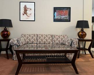 Vintage Choice Gallery Sofa, Coffee Table w 2 end Tables, Table Lamps pair, Art
