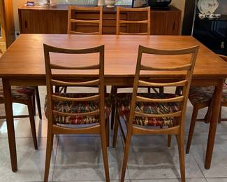 Made in Denmark by Niels Koefoeds Hornslet Dining Table w Extensions, 5 Liz Chairs and 1 Arm Chair