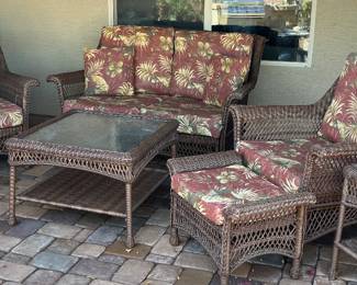 Wicker Patio Set: Loveseat, 2 Chairs, Coffee Table, 2 End Tables, 1 Ottoman
