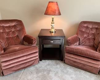 End Table w Drawer
Wood Rocker
Mauve Swivel Rocker pair
Round End Table
Round End Table
