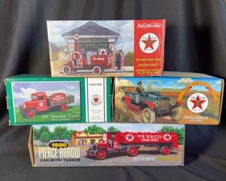 Texaco Die Casts Of 1931 Hawkeye; Maxwell Touring Car; 1919 GMC & 1920 Pierce Tankers * Coin Banks