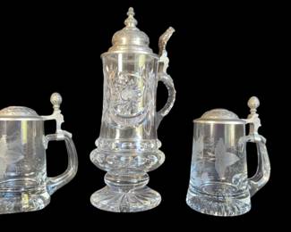 11” Zinn Crystal & Tin Stein * 2~ 6” Etched Glass Beer Steins