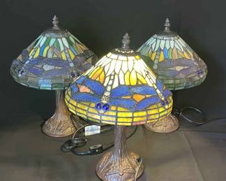 Three Desktop Dragonfly Stained Glass Design Lamps