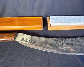 Vintage WWI 20” Bolo Machete With Wood Handle & Sharpening Stone