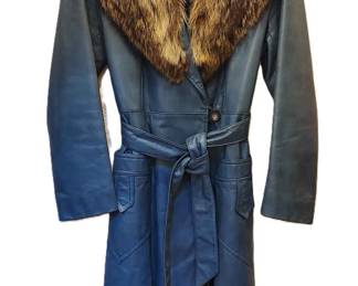 Vintage Victoria Leather Dress Coat (Blue) With Fur Collar, Belted & Fully Lined * Made In Canada