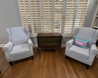 Pair of grey wingchairs and small chest