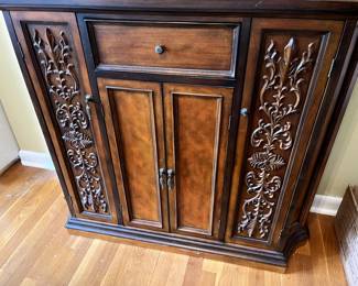 Beautiful Tall Console...lovely scrollwork...both sides open for storage and drawer does too. So pretty!