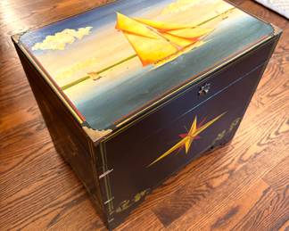 SOLD-- hand painted, decorative nautical box with glass top; 18x12x16