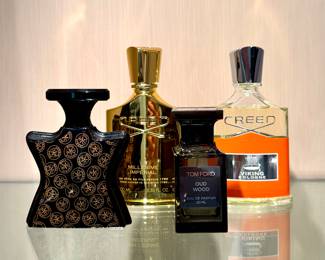 (left to right) ( $200-Bond No.9 cologne) (SOLD; Creed Millesime Imperial) (SOLD--Tom Ford Oud Wood parfum) (SOLD--Creed Viking cologne)