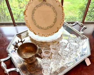 SOLD-set of 10 antique Abram French & Co porcelain game fowl plates, each one with a different bird, edged in gold). SOLD- stag head bowl; 4.5"h) SOLD-- set of 9 crystal cordial glasses) ($150; silver tray with scrolled handles)