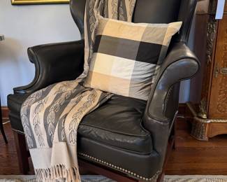 ($800; Henredon wing back leather arm chair; 37x27x47) ($100; wool blanket by Jacques Garcia for Baker) (SOLD--2 available-Newport silk down plaid pillow)