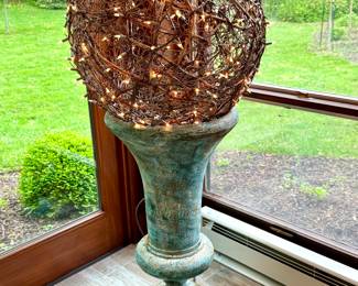 (SOLD- lighted twig ball; 24"d) (SOLD--estate-sized, patinaed iron urn; 18"dx33"h)