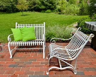 (SOLD-vintage painted metal bench with some patina, but very solid; 37"w) (SOLD- vintage painted metal chair with some patin, but very solid; 21"w)