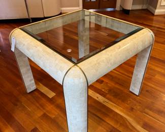 $1800; Karl Springer tessellated stone and inlay brass and glass dining or game table (similar sell for $3800 online); 38x38x30