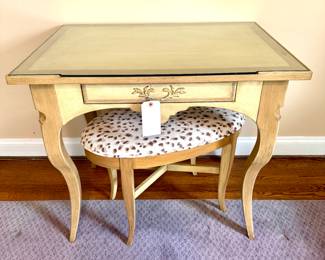 $650; Baker Furniture vanity with one drawer and glass top, with custom upholstered animal print stool