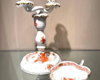 (SOLD--Herend porcelain double candle holder; 9.5"h)(SOLD--Herend leaf dish with 24K accents; 4"w x 1.5"h)