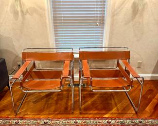 SOLD--MCM leather strap and chrome chairs; provenance: purchased 40 years ago and Stix, Baer and Fuller, manufacturing label says, "Made in Korea", no other hallmarks; beautiful condition; 30x30x28