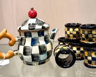 (SOLD--MacKenzie Childs tea pot with wooden handle and red finial) SOLD-set of 8 MacKenzie Childs napkin rings)