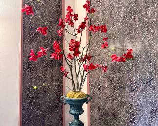 $120; faux red bud blossoms in metal urn with moss; 20x56