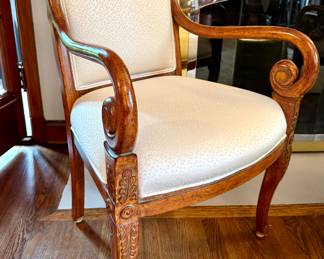$550 each (2 available); designer, custom upholstered, wood carved chair; 35x22x18