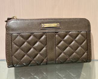 $180; Burberry long zippered wallet in quilted chocolate brown leather