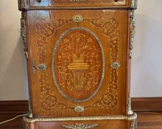 SOLD— Louis XV style Ormolu-mounted marble top cabinet with intricate wood inlay and brass details; 32x16x38