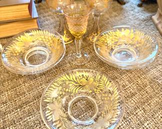 $106; set of 7-five bowls and 2 glasses-antique Moser glass