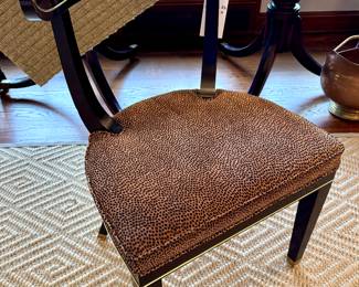 $600 each (3 available); Leopard print custom upholstered dining chair by Baker Furniture with black and gold accents; 21x21x32