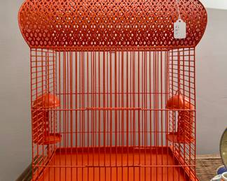 SOLD--vintage orange, metal birdcage; 15x25x11