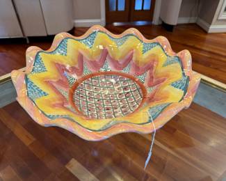 $400; MacKenzie Childs 18" Keukenhauf hand painted scalloped bowl. 11" coordinating dinner plate also for sale for $80.