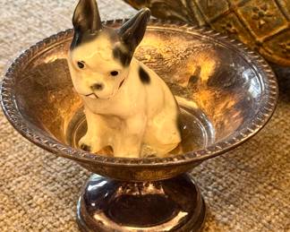 SOLD—Norco from Germany French bulldog figurine; 4"h) ($12; silver plate bowl)