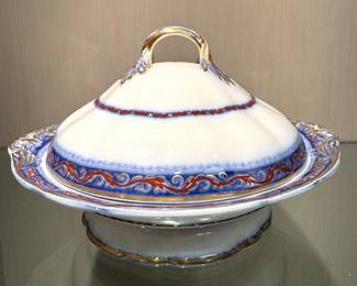 SOLD--vintage covered casserole dish with twisted handle and hand painted gold details; 11x7