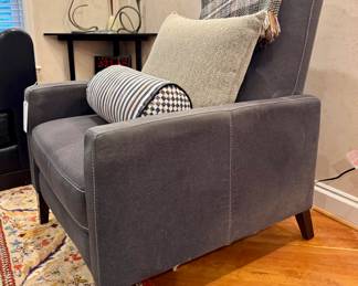 $600; gray West Elm recliner with lighter stitching; 30x33x40) SOLD--wool plaid throw) (SOLD--custom made tweed pillow) (SOLD--MacKenzie Childs lumbar pillow)