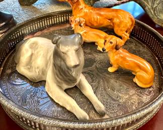 (SOLD--Royal Doulton dachshund figurine; 3.5"h) (SOLD--two available-Royal Doulton "Twins" dachshund figurine; 2"h) ($28; vintage sheepdog figurine; 3"h)