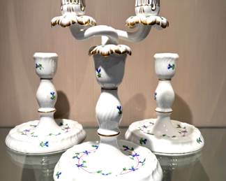 (front--$130; Herend porcelain double candle holder; 9"h) (rear--$200; pair of Herend signed and numbered porcelain candle holders; 6.5"h)